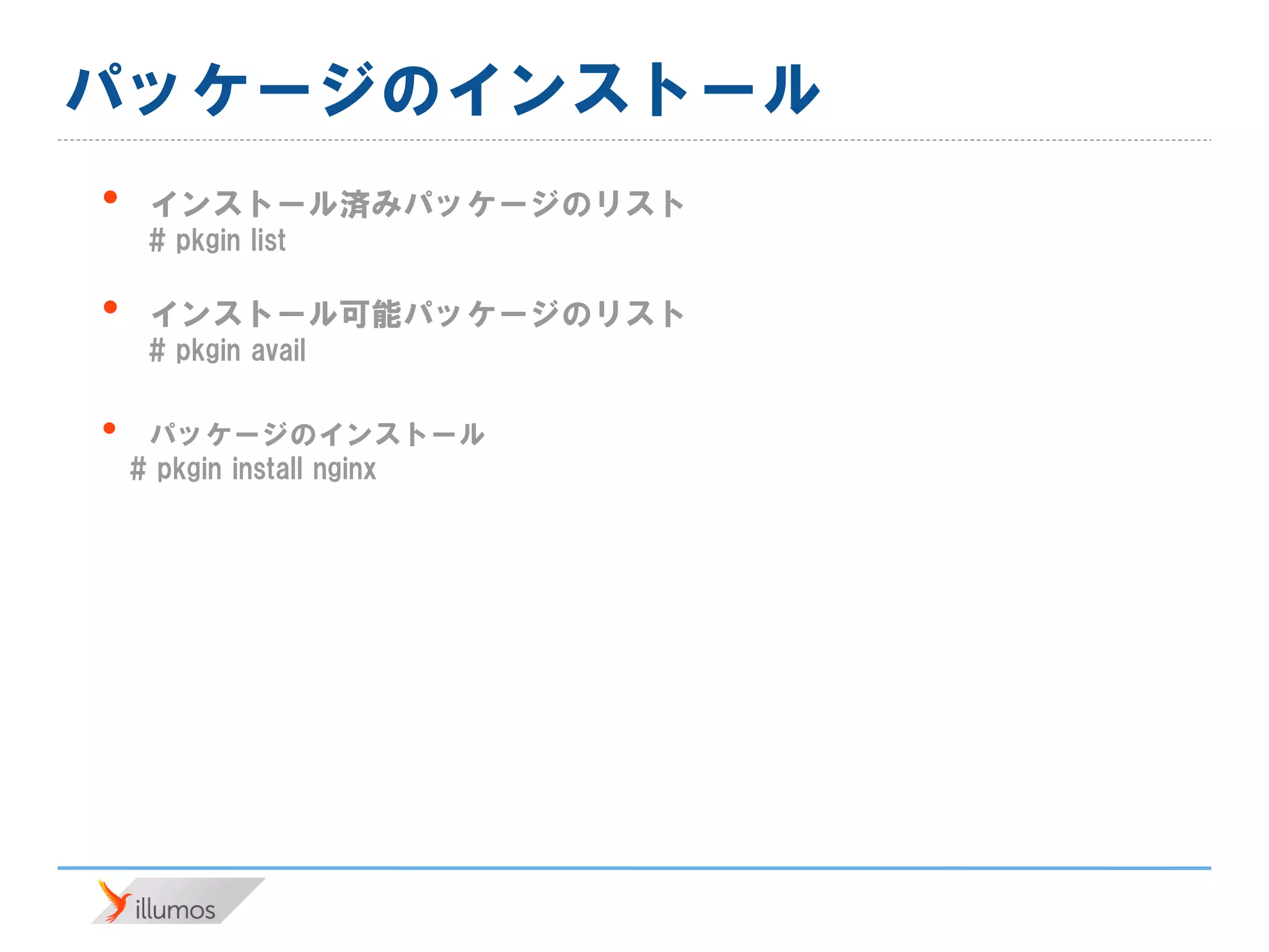 パッケージのインストール
• インストール済みパッケージのリスト
# pkgin list
• インストール可能パッケージのリスト
# pkgin avail
• パッケージのインストール
# pkgin install nginx
 