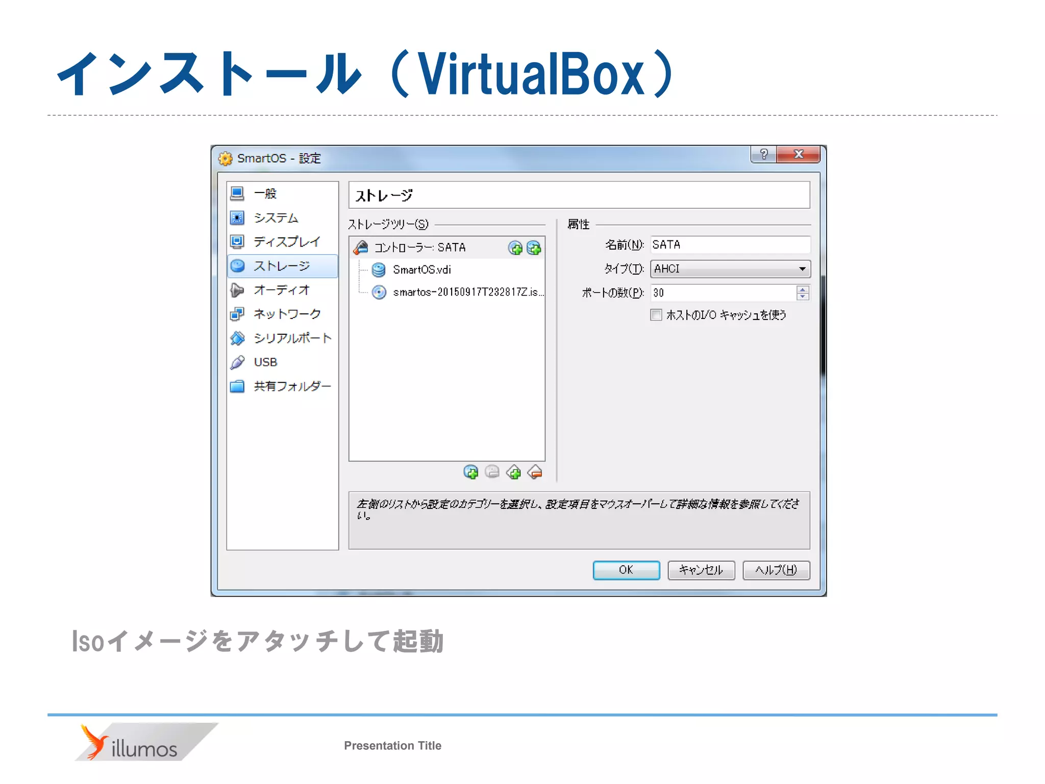 Presentation Title
インストール（VirtualBox）
Isoイメージをアタッチして起動
 
