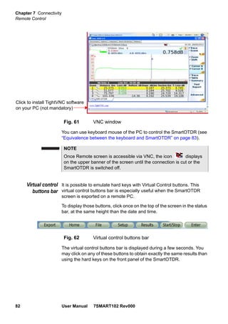 Chapter 7 Connectivity
Remote Control
82 User Manual 7SMART102 Rev000
You can use keyboard mouse of the PC to control the SmartOTDR (see
“Equivalence between the keyboard and SmartOTDR” on page 83).
Virtual control
buttons bar
It is possible to emulate hard keys with Virtual Control buttons. This
virtual control buttons bar is especially useful when the SmartOTDR
screen is exported on a remote PC.
To display those buttons, click once on the top of the screen in the status
bar, at the same height than the date and time.
The virtual control buttons bar is displayed during a few seconds. You
may click on any of these buttons to obtain exactly the same results than
using the hard keys on the front panel of the SmartOTDR.
Fig. 61 VNC window
Click to install TightVNC software
on your PC (not mandatory)
NOTE
Once Remote screen is accessible via VNC, the icon displays
on the upper banner of the screen until the connection is cut or the
SmartOTDR is switched off.
Fig. 62 Virtual control buttons bar
 