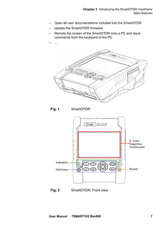 Chapter 2 Introducing the SmartOTDR mainframe
Main features
User Manual 7SMART102 Rev000 7
– Open all user documentations included into the SmartOTDR
– Update the SmartOTDR firmware
– Remote the screen of the SmartOTDR onto a PC and issue
commands from the keyboard of the PC
– ...
Fig. 1 SmartOTDR
Fig. 2 SmartOTDR: Front view
Hard keys
Indicators
Buzzer
5’’ Color
Capacitive
Touchscreen
 