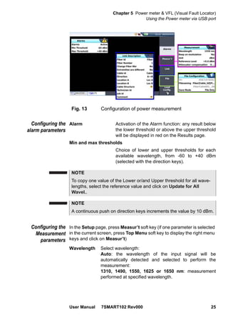 Chapter 5 Power meter & VFL (Visual Fault Locator)
Using the Power meter via USB port
User Manual 7SMART102 Rev000 25
Configuring the
alarm parameters
Alarm Activation of the Alarm function: any result below
the lower threshold or above the upper threshold
will be displayed in red on the Results page.
Min and max thresholds
Choice of lower and upper thresholds for each
available wavelength, from -60 to +40 dBm
(selected with the direction keys).
Configuring the
Measurement
parameters
In the Setup page, press Measur’t soft key (if one parameter is selected
in the current screen, press Top Menu soft key to display the right menu
keys and click on Measur’t)
Wavelength Select wavelength:
Auto: the wavelength of the input signal will be
automatically detected and selected to perform the
measurement:
1310, 1490, 1550, 1625 or 1650 nm: measurement
performed at specified wavelength.
Fig. 13 Configuration of power measurement
NOTE
To copy one value of the Lower or/and Upper threshold for all wave-
lengths, select the reference value and click on Update for All
Wavel..
NOTE
A continuous push on direction keys increments the value by 10 dBm.
 