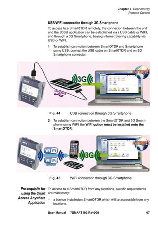 Chapter 7 Connectivity
Remote Control
User Manual 7SMART102 Rev000 67
USB/WIFI connection through 3G Smartphone
To access to a SmartOTDR remotely, the connection between the unit
and the JDSU application can be established via a USB cable or WIFI,
and through a 3G Smartphone, having Internet Sharing capability via
USB or WIFI.
1 To establish connection between SmartOTDR and Smartphone
using USB, connect the USB cable on SmartOTDR and on 3G
Smartphone connector.
2 To establish connection between the SmartOTDR and 3G Smart-
phone using WIFI, the WIFI option must be installed onto the
SmartOTDR.
Pre-requisite for
using the Smart
Access Anywhere
Application
To access to a SmartOTDR from any locations, specific requirements
are mandatory:
– a licence installed on SmartOTDR which will be accessible from any
locations.
Fig. 44 USB connection through 3G Smartphone
Fig. 45 WIFI connection through 3G Smartphone
 