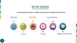 4
FUNCTIONS
A packaging system that is capable of carrying out intelligent functions like
Sensing
Detecting
Tracing
Recording Communicating
Applying scientific logic
 