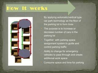 • By applying automatic/vertical type
car park technology as the floor of
the parking lot to form lines
• The purpose is to increase or
decrease number of cars in the
parking lot
• Together with parking space
assignment system to guide and
control parking traffic
• Ability to change for emergency
vehicles to pass through and create
additional work space
• Consume space and time for parking
How it works
 