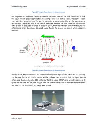 Smart Parking System Najah NationalUniversity
12
Fatheya Refat
Figure 10 Principle of operation of the ultrasonic sensor
Our proposed SPS detection system is based on ultrasonic sensors. For each individual car park,
this would require one sensor fixed on the ceiling above each parking space. Ultrasonic sensors
work based on echo-location. The sensor transmits a sound, which hits a solid object (car or
ground) and is reflected back to the sensor. The time between the sent pulse and the returned
echo is used to calculate distance. In a vacant space, the time between transmitted sound and
reflection is longer than in an occupied space, hence the sensor can detect when a space is
occupied.
Figure 11 Principle of operation of the ultrasonic sensor
In our project , the distance was the ultrasonic sensor sensing is 50 cm , when the car existing ,
the distance that is felt by the sensor will be reduced then the time that the signal take to
reflect also decrease then the LCD will show that this space “FULL” , and when the car leave its
space the distance will become bigger then the time of reflection also increase then the LCD
will show on the screen that this space was “empty”.
 