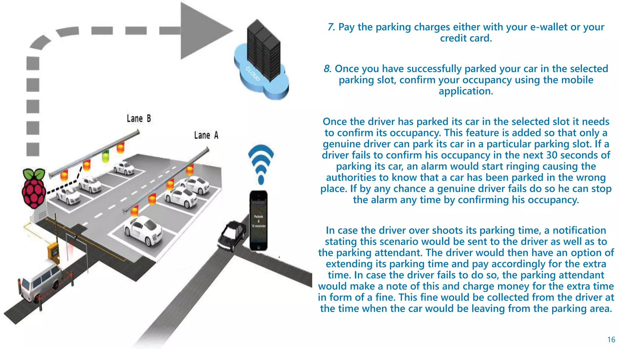 7. Pay the parking charges either with your e-wallet or your
credit card.
8. Once you have successfully parked your car in the selected
parking slot, confirm your occupancy using the mobile
application.
Once the driver has parked its car in the selected slot it needs
to confirm its occupancy. This feature is added so that only a
genuine driver can park its car in a particular parking slot. If a
driver fails to confirm his occupancy in the next 30 seconds of
parking its car, an alarm would start ringing causing the
authorities to know that a car has been parked in the wrong
place. If by any chance a genuine driver fails do so he can stop
the alarm any time by confirming his occupancy.
In case the driver over shoots its parking time, a notification
stating this scenario would be sent to the driver as well as to
the parking attendant. The driver would then have an option of
extending its parking time and pay accordingly for the extra
time. In case the driver fails to do so, the parking attendant
would make a note of this and charge money for the extra time
in form of a fine. This fine would be collected from the driver at
the time when the car would be leaving from the parking area.
16
 