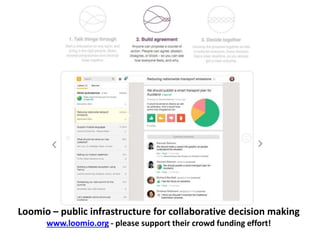 Loomio – public infrastructure for collaborative decision making 
www.loomio.org - please support their crowd funding effort! 
 