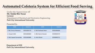 Automated Cafeteria System for Efficient Food Serving
Under the Supervision of
NAME Student ID NAME Student ID
1. Md. Ferouz Patowary EEE01005779 4. Md. Rashedul Alam EEE01005826
2. Anayet Ullah EEE01005844 5. Md. Nazrul Hossain EEE00505273
3. Md. Sayeed Sorwardee EEE01005806 6. Amit Ghosh EEE00905721
Presented by..
Port City International University
Port City International University
Mr. Siddat Bin Nesar
Department of Electrical and Electronics Engineering
Lecturer
Department of EEE
 