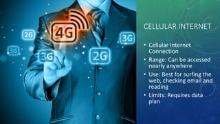 CELLULAR INTERNET
• Cellular Internet
Connection
• Range: Can be accessed
nearly anywhere
• Use: Best for surfing the
web, checking email and
reading
• Limits: Requires data
plan
 