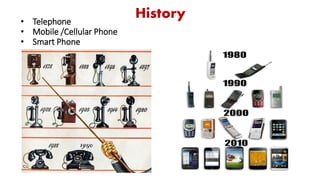 History
1950
• Telephone
• Mobile /Cellular Phone
• Smart Phone
 