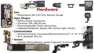 Hardware
• Core
• Motherboard, SOC, CPU, GPU, Memory, Storage
• Input /Output
• Battery, Display, Touchscreen.
• Connector: SIM, USB, SD card.
• Physical key/button: Power, Volume Keys
• Integrated Peripherals: Speaker, MIC, Camera, Light, Vibrator.
• Communication
• Telecommunication: Transmitter/Receiver/Antenna (2nd ,3rd ,4th, 5thG)
• Wi-Fi, Bluetooth, NFC, IR,…
• Sensors
• Location, Motion/Rotation, Speed, Fingerprint, Environment,….
 