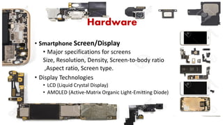 Hardware
• Smartphone Screen/Display
• Major specifications for screens
Size, Resolution, Density, Screen-to-body ratio
,Aspect ratio, Screen type.
• Display Technologies
• LCD (Liquid Crystal Display)
• AMOLED (Active-Matrix Organic Light-Emitting Diode)
 
