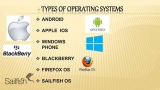  ANDROID
 APPLE IOS
 WINDOWS
PHONE
 BLACKBERRY
 FIREFOX OS
 SAILFISH OS
TYPES OF OPERATING SYSTEMS
 
