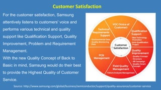 Customer Satisfaction
For the customer satisfaction, Samsung
attentively listens to customers' voice and
performs various technical and quality
support like Qualification Support, Quality
Improvement, Problem and Requirement
Management.
With the new Quality Concept of Back to
Basic in mind, Samsung would do their best
to provide the Highest Quality of Customer
Service.
Source: http://www.samsung.com/global/business/semiconductor/support/quality-assurance/customer-service
 