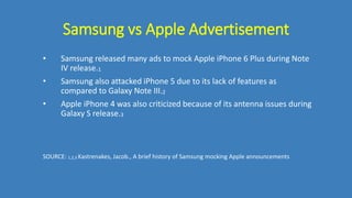 Samsung vs Apple Advertisement
• Samsung released many ads to mock Apple iPhone 6 Plus during Note
IV release.1
• Samsung also attacked iPhone 5 due to its lack of features as
compared to Galaxy Note III.2
• Apple iPhone 4 was also criticized because of its antenna issues during
Galaxy S release.3
SOURCE: 1,2,3 Kastrenakes, Jacob., A brief history of Samsung mocking Apple announcements
 