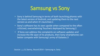 Samsung vs Sony
• Sony is behind Samsung in terms of both launching phones with
the latest version of Android, and updating them to the next
version as and when it’s launched.1
• Sony’s software has its own upside when compared to the often
criticised, overwhelming Touchwiz deployed by Samsung.2
• If Sony can address the complaints on software updates and
increase the life span of its products, then Sony smartphones can
better compete with Samsung’s army of Galaxies.3
Source: 1,2,3 D, Danny., Round 2014 – Samsung vs. Sony
 