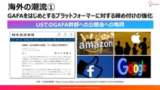 Copyright 2021 Filament Inc. All Rights Reserved. 13
海外の潮流①
GAFAをはじめとするプラットフォーマーに対する締め付けの強化
引用：日本経済新聞 https://www.nikkei.com/article/DGXMZO4741886017072019000000/
USでのGAFA幹部への公聴会への喚問
 