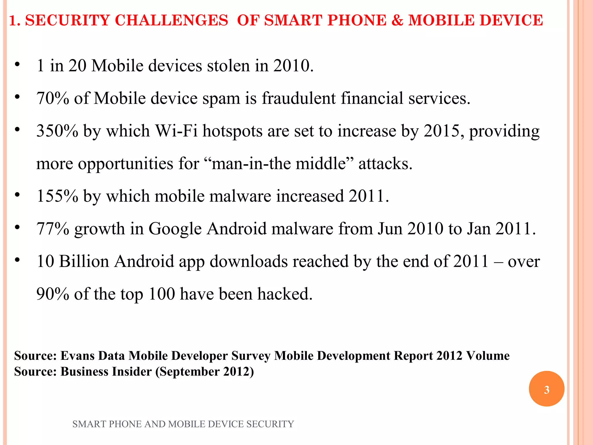 1. SECURITY CHALLENGES OF SMART PHONE & MOBILE DEVICE
SMART PHONE AND MOBILE DEVICE SECURITY
• 1 in 20 Mobile devices stolen in 2010.
• 70% of Mobile device spam is fraudulent financial services.
• 350% by which Wi-Fi hotspots are set to increase by 2015, providing
more opportunities for “man-in-the middle” attacks.
• 155% by which mobile malware increased 2011.
• 77% growth in Google Android malware from Jun 2010 to Jan 2011.
• 10 Billion Android app downloads reached by the end of 2011 – over
90% of the top 100 have been hacked.
Source: Evans Data Mobile Developer Survey Mobile Development Report 2012 Volume
Source: Business Insider (September 2012)
3
 