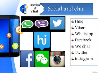 Social and chat
Hike
Viber
Whatsapp
Facebook
We chat
Twitter
instagram
 