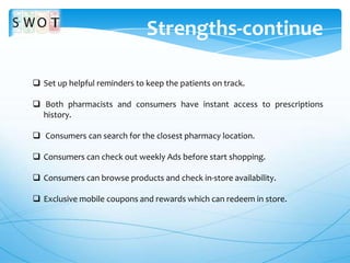 Strengths-continue
 Set up helpful reminders to keep the patients on track.
 Both pharmacists and consumers have instant access to prescriptions
history.
 Consumers can search for the closest pharmacy location.
 Consumers can check out weekly Ads before start shopping.
 Consumers can browse products and check in-store availability.
 Exclusive mobile coupons and rewards which can redeem in store.

 