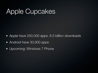 Apple Cupcakes


Apple have 250,000 apps. 6.5 billion downloads
Android have 30,000 apps
Upcoming: Windows 7 Phone
 