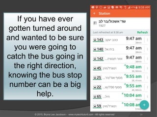 If you have ever
gotten turned around
and wanted to be sure
you were going to
catch the bus going in
the right direction,
knowing the bus stop
number can be a big
help.
24© 2015, Bryna Lee Jacobson - www.mytechtutoril.com - All rights reserved
 