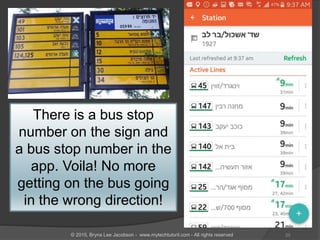 There is a bus stop
number on the sign and
a bus stop number in the
app. Voila! No more
getting on the bus going
in the wrong direction!
25© 2015, Bryna Lee Jacobson - www.mytechtutoril.com - All rights reserved
 