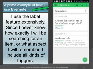 I use the label
feature extensively.
Since I never know
how exactly I will be
searching for an
item, or what aspect
I will remember, I
include all kinds of
triggers.
A prime example of how I
use Evernote
39© 2015, Bryna Lee Jacobson - www.mytechtutoril.com - All rights reserved
 