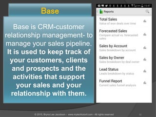 Base is CRM-customer
relationship management- to
manage your sales pipeline.
It is used to keep track of
your customers, clients
and prospects and the
activities that support
your sales and your
relationship with them.
Base
52© 2015, Bryna Lee Jacobson - www.mytechtutoril.com - All rights reserved
 