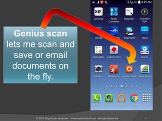 Genius scan
lets me scan and
save or email
documents on
the fly.
57© 2015, Bryna Lee Jacobson - www.mytechtutoril.com - All rights reserved
 