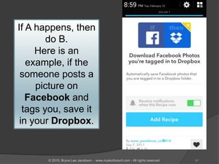 If A happens, then
do B.
Here is an
example, if the
someone posts a
picture on
Facebook and
tags you, save it
in your Dropbox.
67© 2015, Bryna Lee Jacobson - www.mytechtutoril.com - All rights reserved
 