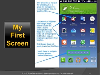 My
First
Screen
20© 2015, Bryna Lee Jacobson - www.mytechtutoril.com - All rights reserved
 