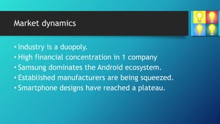 Market dynamics
• Industry is a duopoly.
• High financial concentration in 1 company
• Samsung dominates the Android ecosystem.
• Established manufacturers are being squeezed.
• Smartphone designs have reached a plateau.
 