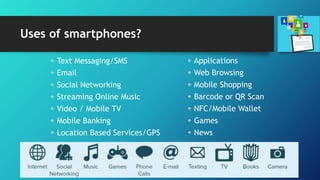 Uses of smartphones?
• Text Messaging/SMS
• Email
• Social Networking
• Streaming Online Music
• Video / Mobile TV
• Mobile Banking
• Location Based Services/GPS
• Applications
• Web Browsing
• Mobile Shopping
• Barcode or QR Scan
• NFC/Mobile Wallet
• Games
• News
 