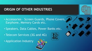 ORIGIN OF OTHER INDUSTRIES
• Accessories – Screen Guards, Phone Covers,
Earphone, Memory Cards etc.
• Speakers, Data Cables, Power Banks etc.
• Telecom Services (3G and 4G)
• Application Industry
 
