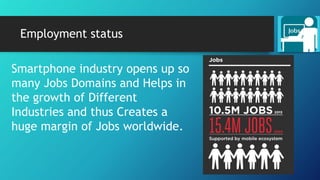 Employment status
Smartphone industry opens up so
many Jobs Domains and Helps in
the growth of Different
Industries and thus Creates a
huge margin of Jobs worldwide.
 