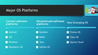 Major OS Platforms
Current software
platforms
Android
iOS
Windows
Blackberry OS
Discontinued software
platforms
Symbian
BADA
Java
Sailfish OS
New Emerging OS
Firefox OS
Tizen OS
Ubuntu Touch
 