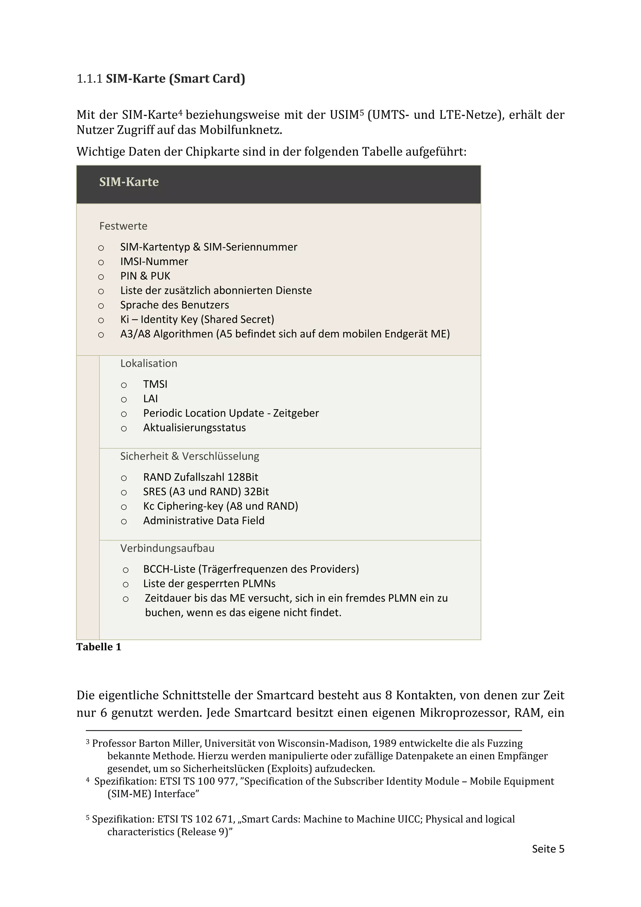 1.1.1 SIM-Karte (Smart Card)

Mit der SIM-Karte4 beziehungsweise mit der USIM5 (UMTS- und LTE-Netze), erhält der
Nutzer Zugriff auf das Mobilfunknetz.
Wichtige Daten der Chipkarte sind in der folgenden Tabelle aufgeführt:

      SIM-Karte


      Festwerte
      o    SIM-Kartentyp & SIM-Seriennummer
      o    IMSI-Nummer
      o    PIN & PUK
      o    Liste der zusätzlich abonnierten Dienste
      o    Sprache des Benutzers
      o    Ki – Identity Key (Shared Secret)
      o    A3/A8 Algorithmen (A5 befindet sich auf dem mobilen Endgerät ME)

           Lokalisation
           o    TMSI
           o    LAI
           o    Periodic Location Update - Zeitgeber
           o    Aktualisierungsstatus

           Sicherheit & Verschlüsselung
           o    RAND Zufallszahl 128Bit
           o    SRES (A3 und RAND) 32Bit
           o    Kc Ciphering-key (A8 und RAND)
           o    Administrative Data Field

           Verbindungsaufbau
            o   BCCH-Liste (Trägerfrequenzen des Providers)
            o   Liste der gesperrten PLMNs
            o   Zeitdauer bis das ME versucht, sich in ein fremdes PLMN ein zu
                buchen, wenn es das eigene nicht findet.

Tabelle 1



Die eigentliche Schnittstelle der Smartcard besteht aus 8 Kontakten, von denen zur Zeit
nur 6 genutzt werden. Jede Smartcard besitzt einen eigenen Mikroprozessor, RAM, ein

 3 Professor Barton Miller, Universität von Wisconsin-Madison, 1989 entwickelte die als Fuzzing
      bekannte Methode. Hierzu werden manipulierte oder zufällige Datenpakete an einen Empfänger
      gesendet, um so Sicherheitslücken (Exploits) aufzudecken.
 4 Spezifikation: ETSI TS 100 977, ”Specification of the Subscriber Identity Module – Mobile Equipment

      (SIM-ME) Interface”

 5   Spezifikation: ETSI TS 102 671, „Smart Cards: Machine to Machine UICC; Physical and logical
        characteristics (Release 9)”
                                                                                                   Seite 5
 