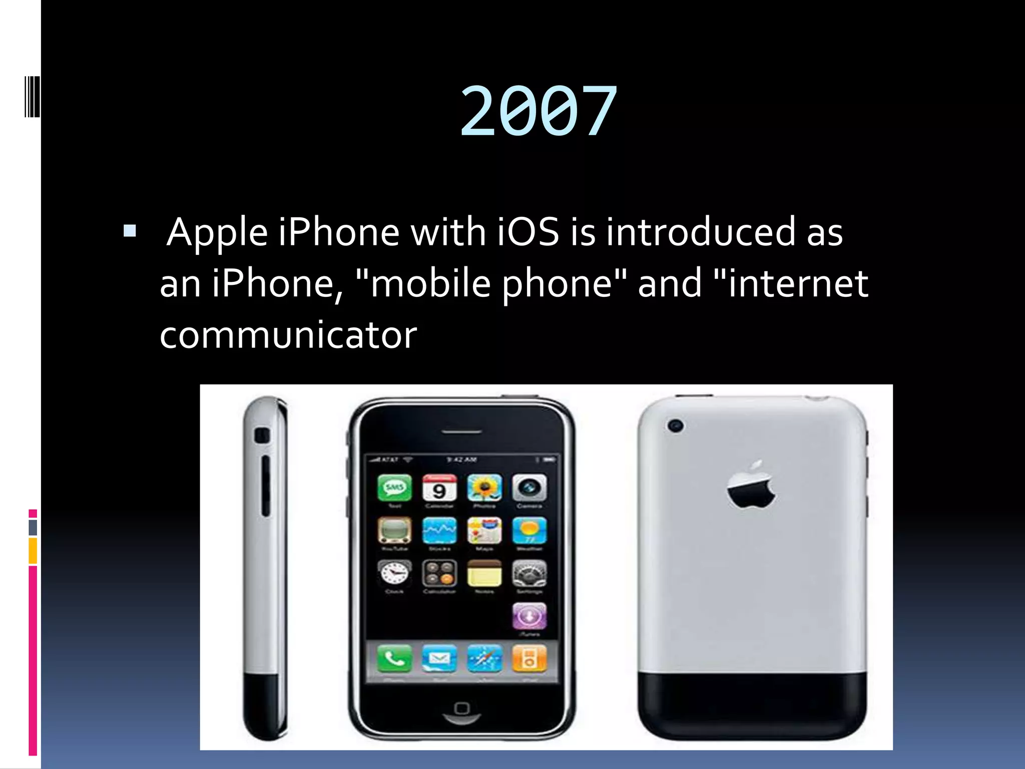 2007
 Apple iPhone with iOS is introduced as
an iPhone, "mobile phone" and "internet
communicator
 