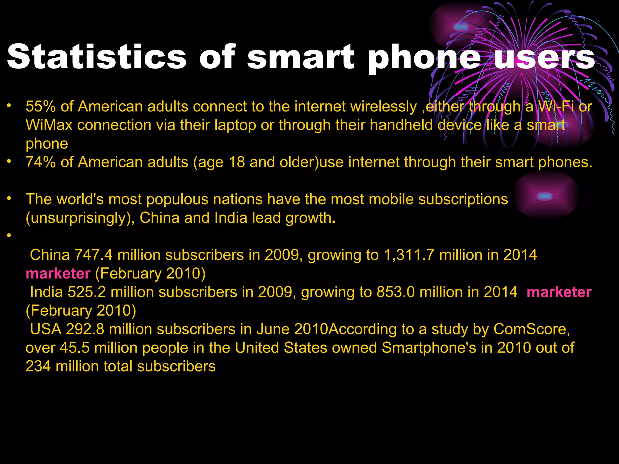 Statistics of smart phone users  55% of American adults connect to the internet wirelessly ,either through a Wi-Fi or WiMax connection via their laptop or through their handheld device like a smart phone  74% of American adults (age 18 and older)use internet through their smart phones. The world's most populous nations have the most mobile subscriptions (unsurprisingly), China and India lead growth .   China 747.4 million subscribers in 2009, growing to 1,311.7 million in 2014  marketer  (February 2010)  India 525.2 million subscribers in 2009, growing to 853.0 million in 2014  marketer  (February 2010)  USA 292.8 million subscribers in June 2010According to a study by ComScore, over 45.5 million people in the United States owned Smartphone's in 2010 out of 234 million total subscribers 
