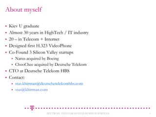 About myself







Kiev U graduate
Almost 30 years in HighTech / IT industry
20 – in Telecom + Internet
Designed first H.323 VideoPhone
Co-Found 3 Silicon Valley startups







Narus acquired by Boeing
ChooChee acquired by Deutsche Telekom

CTO at Deutsche Telekom HBS
Contact:



stas.khirman@deutschetelekomhbs.com
stas@khirman.com

DEUTSCHE TELECOM HOSTED BUSINESS SERVICES

2

 