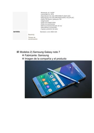 - Bluetooth v4.1 A2DP
- microUSB 2.0, OTG
- Reproductor de video MP4/WMV/H.264/H.263
- Reproductor de audio MP3/WAV/eAAC+/AC3/FLAC
- Radio FM Stereo; grabación FM
- Organizador
- Editor de imagen/video
- Editor de documentos
- Memo/comandos/discado de voz
- Manoslibres incorporado
- Ingreso predictivo de texto
BATERÍA Standard, Li-Ion 2600 mAh
Stand-by
Tiempo de
conversación
 Modelos 2) Samsung Galaxy note 7
 Fabricante: Samsung
 Imagen de la compañía y el producto
 