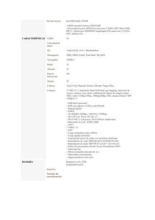 Slot de tarjeta microSD, hasta 256GB
- 64GB memoria interna, 4GB RAM
- Procesador Exynos 8890 Octa octa-core 2.3GHz, GPU Mali-T880
MP12 / Qualcomm MSM8996 Snapdragon 820 quad-core 2.15GHz,
GPU Adreno 530
CARACTERÍSTICAS GPRS Si
Velocidad de
datos
OS Android OS, v6.0.1 Marshmallow
Mensajería SMS, MMS, Email, Push Mail, IM, RSS
Navegador HTML5
Reloj Si
Alarma Si
Puerto
infrarrojo
No
Juegos Si
Colores Azul Coral, Plateado Titanio, Dorado, Negro Onix
Cámara 12 MP, f/1.7, autofocus, flash LED dual, geo-tagging, detección de
rostro y sonrisa, foco táctil, estabilización óptica de imagen (smart
OIS), video 2160p@30fps, 1080p@60fps, OIS, cámara frontal 5 MP
1080p f/1.7
- SIM dual (opcional)
- GPS con soporte A-GPS y GLONASS
- Brújula digital
- EDGE
- 3G HSDPA 42Mbps / HSUPA 5.76Mbps
- 4G LTE Cat. 9/Cat. 10/ Cat. 12
- Wi-Fi 802.11 a/b/g/n/ac; Wi-Fi Direct; banda dual
- Bluetooth v4.2 LE, A2DP, EDR
- ANT+
- USB-C 3.1
- NFC
- Carga inalámbrica (Qi y PMA)
- Carga rápida de batería
- Cancelación activa de ruido con micrófono dedicado
- Reproductor de video MP4/DivX/XviD/WMV/H.264
- Reproductor de audio MP3/WAV/eAAC+/AC3/FLAC
- Editor de documentos (Word, Excel, PowerPoint, PDF)
- Samsung Pay
- Memo/comandos/discado de voz
- Manoslibres incorporado
- Ingreso predictivo de texto
BATERÍA Standard, Li-Po 3500
(Explotable) mAh
Stand-by
Tiempo de
conversación
 