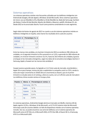 Sistemas operativos
Los sistemas operativos móviles más frecuentes utilizados por los teléfonos inteligentes son
Android (de Google), iOS (de Apple) y Windows 10 (de Microsoft). Otros sistemas operativos
de menor uso son BlackBerry OS y BlackBerry 10 (de BlackBerry), Bada (de Samsung), Symbian
(de Nokia), Firefox OS (de Mozilla), MeeGo (de Moblin y Maemo), webOS, Windows CE, etc.
Desde 2012 se ha anunciado Ubuntu Touch como próximo contendiente en este segmento.
Según datos de Kantar de agosto de 2017 en cuanto a uso de sistemas operativos móviles en
teléfonos inteligentes en España, estos fueron los resultados de la cuota de usuarios:
Entre las marcas más vendidas, en el primer trimestre de 2015 se vendieron 298 millones de
unidades, en el segundo trimestre la cifra aumentó en un 1,9 %, superando los 300 millones de
unidades, en el tercer trimestre crecieron 15,5 %, hasta los 353 millones de unidades,2 gracias
al empuje en los mercados emergentes, según los datos de la consultora tecnológica Gartner.3
Samsung, Apple y Huawei son las marcas más vendidas.4
Huawei avanza a grandes pasos, ha logrado un 11,3 % de cuota de mercado, recortándole a
Apple 5% en poco tiempo, incluso de julio a septiembre la compañía creció un 70 %, siendo la
marca de mayor crecimiento en 20165 Otra en crecimiento es Xiaomi, que en el primer
trimestre se situaba sexta en el ranking, y ahora es cuarta, con un 5,9% de cuota de mercado.6
Los teléfonos chinos escalan ventas en Europa y Asia.
En sistemas operativos, Android de Google domina el mercado con 86,8%, mientras iOS de
Apple registra 12,5%, y Windows 10 de Microsoft, un 0,7 %.9 El sistema móvil de Microsoft
tiene baja cuota de usuarios debido a la falta de dispositivos móviles con el sistema operativo
incluido. Aun así, se puede encontrar una serie de teléfonos con el sistema operativo de
Microsoft como el HP Elite x3, el Microsoft L950, el HTC One M8, el Xiaomi Mi 4, el Samsung
ATIV S o el Microsoft L650
 