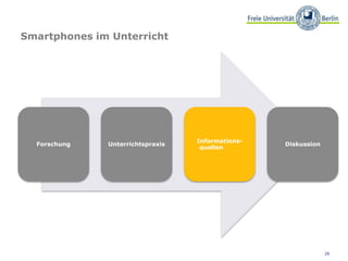 26
Smartphones im Unterricht
Forschung Unterrichtspraxis
Informations-
quellen
Diskussion
 