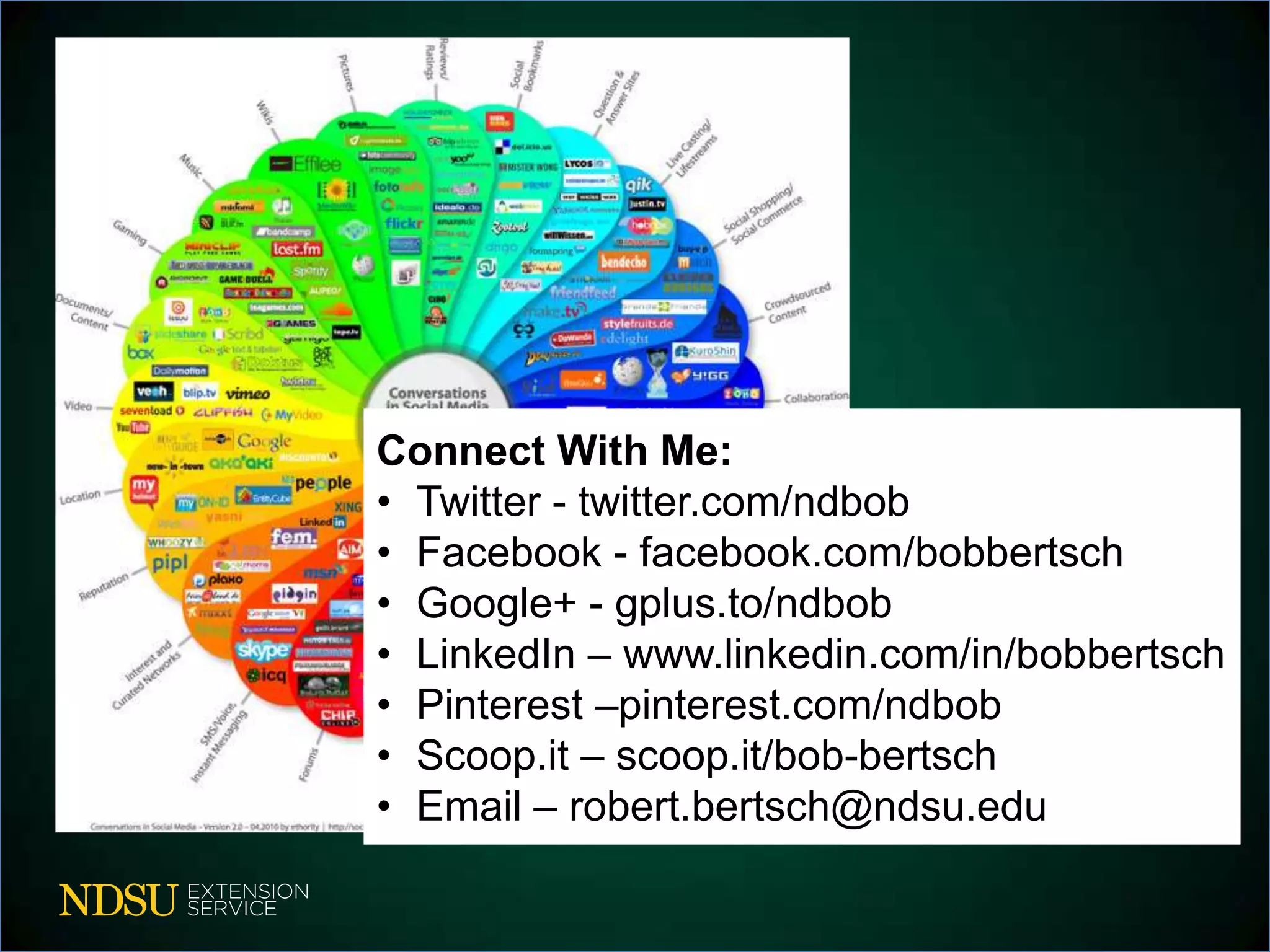 Connect With Me:
• Twitter - twitter.com/ndbob
• Facebook - facebook.com/bobbertsch
• Google+ - gplus.to/ndbob
• LinkedIn – www.linkedin.com/in/bobbertsch
• Pinterest –pinterest.com/ndbob/
• Scoop.it – scoop.it/bob-bertsch
• Email – robert.bertsch@ndsu.edu
 