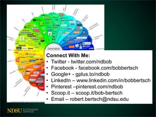 Connect With Me:
• Twitter - twitter.com/ndbob
• Facebook - facebook.com/bobbertsch
• Google+ - gplus.to/ndbob
• LinkedIn – www.linkedin.com/in/bobbertsch
• Pinterest –pinterest.com/ndbob/
• Scoop.it – scoop.it/bob-bertsch
• Email – robert.bertsch@ndsu.edu
 