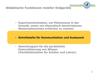 Didaktische Funktionen mobiler Endgeräte




     • Experimentierkasten, um Phänomene in der
       Umwelt, sowie von theoretisch beschriebenen
       Wissenselementen erfahrbar zu machen


     • Schnittstelle für Kommunikation und Austausch


     • Sammlungsort für die persönliche
       Externalisierung von Wissen
       (Portfoliofunktion für Schüler und Lehrer)




                                                       20
 