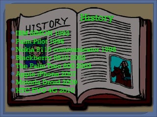 IBM SIMON 1993 Palm Pilot 1996 Nokia 9110 communicator 1998 Blackberry 5810 2002 The Palm Treo 600 2003 Apple iPhone 2007 Motorla Droid 2009 HTC EVO 4G 2010 