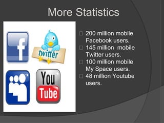More Statistics
       200 million mobile
        Facebook users.
       145 million mobile
        Twitter users.
       100 million mobile
        My Space users.
       48 million Youtube
        users.
 